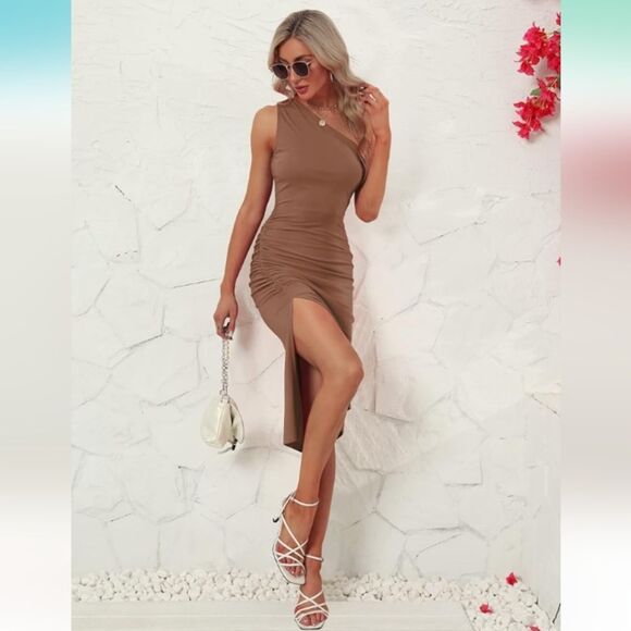 Dresses & Skirts - Sarin Mathews Tan One Shoulder Ruched Bodycon Midi Dress Size Large NWT